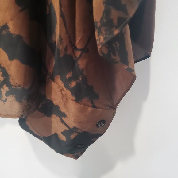Zara New Brown & Black Abstract Tie Front Blouse with Full Cut Out Long Sleeve L - Picture 9 of 15